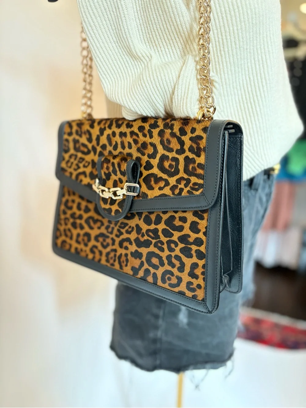 Italian Leather & Leopard Calf Hair Shoulder Bag with Gold Chain
